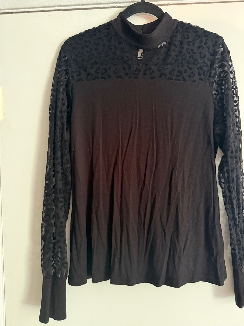 VENUS Black Long-Sleeve Mock Neck Top with Leopard-Textured Yoke